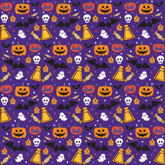 Seamless vector pattern, magic hand drawn doodle. Magic haunted house, pumpkin, cat, bat, cobweb. Mystical holiday pattern.