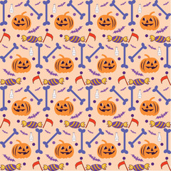 Seamless vector pattern, magic hand drawn doodle. Magic haunted house, pumpkin, cat, bat, cobweb. Mystical holiday pattern.