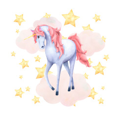 A composition with a magical unicorn in clouds with stars painted in watercolor and isolated on a white background.