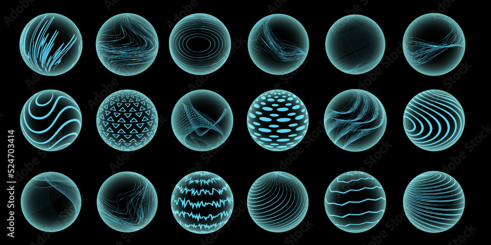 Aufkleber 3d abstract circle line figures. Spheres with dots and dynamic lines. Explosion grid, science globe, molecular radiation. Futuristic technology symbols. Vector emblems isolated on black