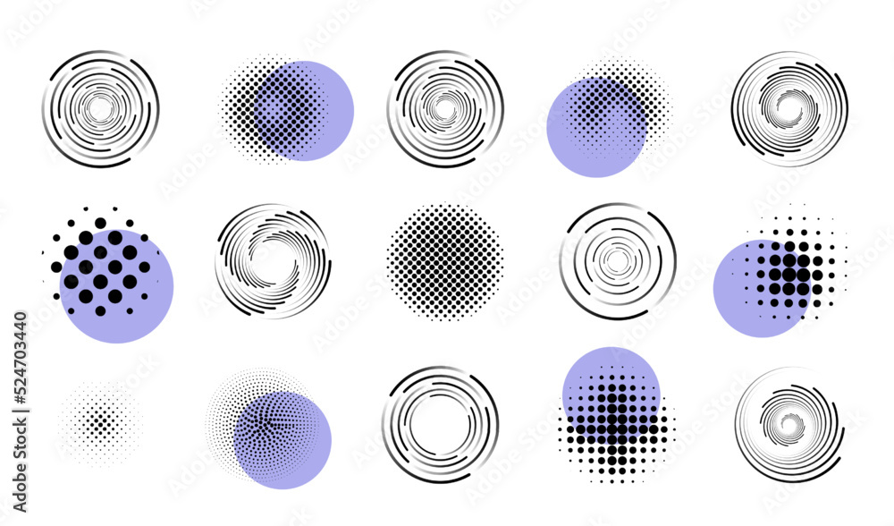 Poster circle design patterns, dot circular geometry backgrounds. line and swirls, halftone shape logos, ab