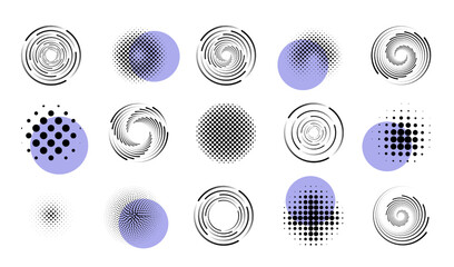 Circle design patterns, dot circular geometry backgrounds. Line and swirls, halftone shape logos, abstract round collage, texture elements. Monochrome emblems or labels. Vector graphic icons