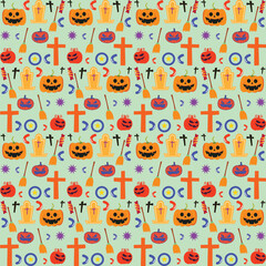 Seamless vector pattern, magic hand drawn doodle. Magic haunted house, pumpkin, cat, bat, cobweb. Mystical holiday pattern.