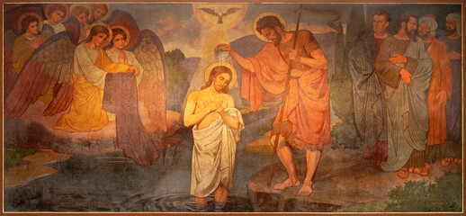 BERN, SWITZERLAND - JUNY 27, 2022: The fresco of Baptism of Jesus in the church Dreifaltigkeitskirche by August Müller (1923). - 524703484
