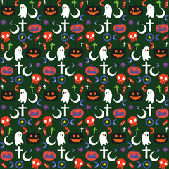 Seamless vector pattern, magic hand drawn doodle. Magic haunted house, pumpkin, cat, bat, cobweb. Mystical holiday pattern.