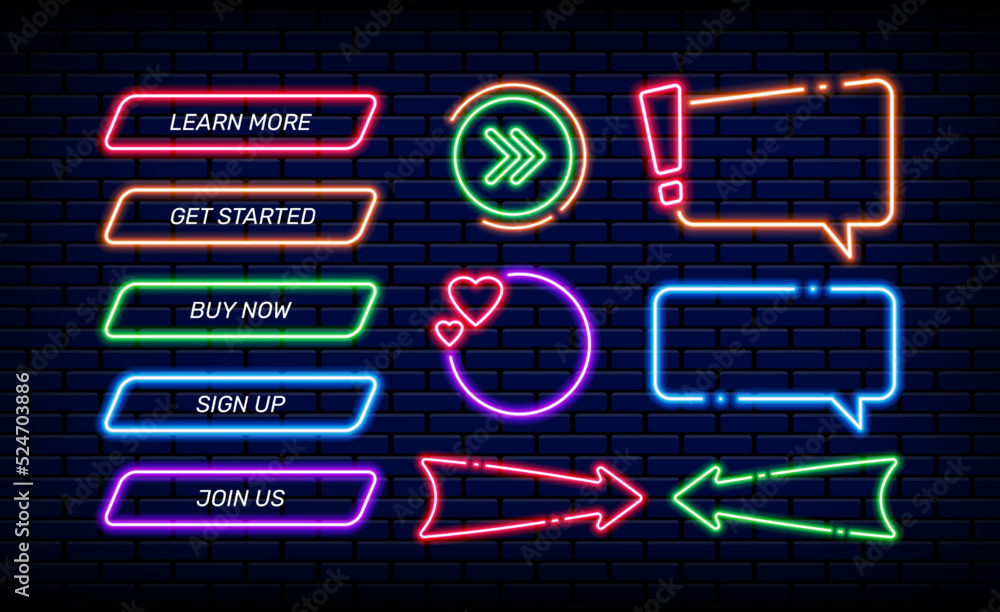 Poster Neon glow game buttons. 3D web action light download banners for website design. Lighting borders. Dark modern frames set. Luminous speech bubbles and arrows. Vector infographic template