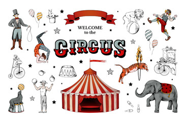 Vintage circus, retro carnival clowns. Acrobat human characters, body design, tent top. Juggler and animals. Welcome banner for entertainment performance. Vector illustration set © SpicyTruffel