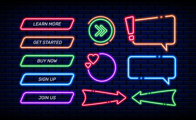 Neon glow game buttons. 3D web action light download banners for website design. Lighting borders. Dark modern frames set. Luminous speech bubbles and arrows. Vector infographic template