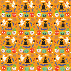 Naklejka premium Vector Halloween seamless pattern with ghost and pumpkin,Cartoon Halloween seamless pattern
