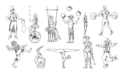 Fototapeta na wymiar Vintage circus clown. Man balancing on unicycle. Contortionist juggling balls. Acrobat or equilibrist. Actors performance. Athlete with barbell. Retro drawing. Vector doodle sketch set