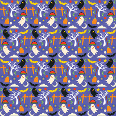Vector Halloween seamless pattern with ghost and pumpkin,Cartoon Halloween seamless pattern