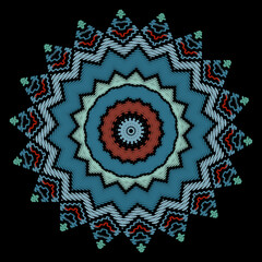 Zigzag mandala. Textured tribal ethnic vector background. Round mandala with zig zag stitching. Beautiful decorative ornament with radial zigzag lines. Ornamental colorful design. Stith texture