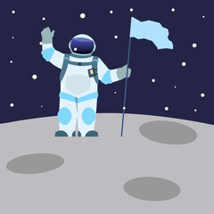 Astronaut with flag. Spaceman on moon. Outer space. Planet discovery. Cosmonaut in spacesuit waving hand. Cosmic exploration. Astronomy science. Universe explorer. Vector illustration