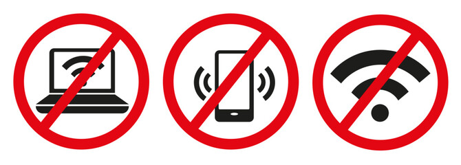 Set of universal mobile phone, laptop and wifi prohibition icons.