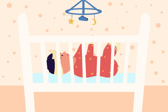 Toddler In Bed. Newborn Baby Sleeping In Crib. Kids Bedroom. Little Child Lying And Playing With Carousel Toy. Sweet Dream. Infant In Romper. Nursery Room. Vector Bedtime Illustration