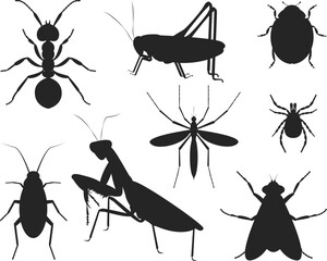 Insects large set ant grasshopper Ladybug mosquito cockroach isolated Vector Silhouettes