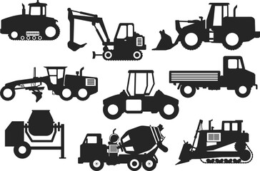 
Machinery cartoon icon-set construction machinery isolated Vector Silhouettes