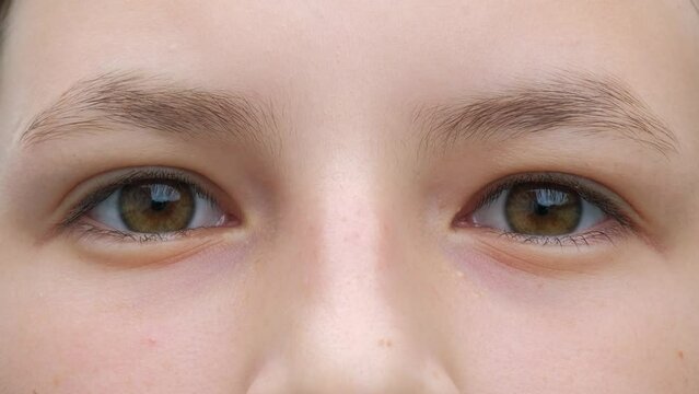 Open eyes with brown iris, beautiful young caucasian girl looking at the camera, slow motion