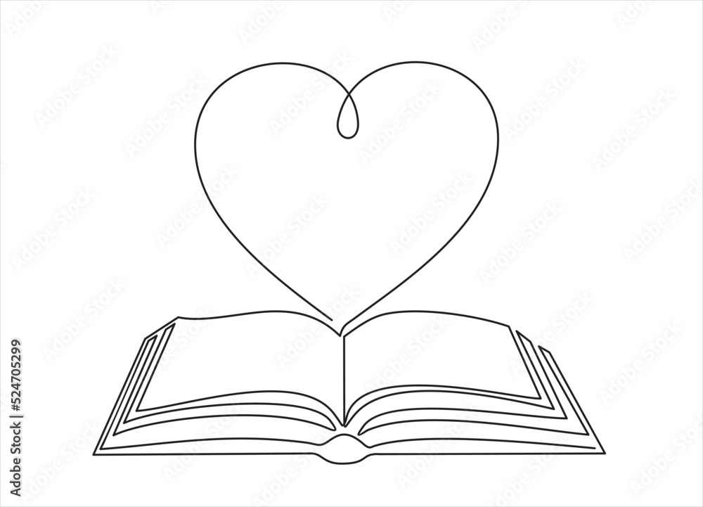 Poster open book and heart, continuous line vector illustration. one line vector drawing of a book and a he