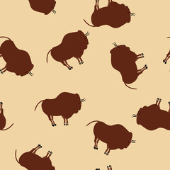 Seamless pattern with bison rock paintings on beige background. Ancient art. © PJVector