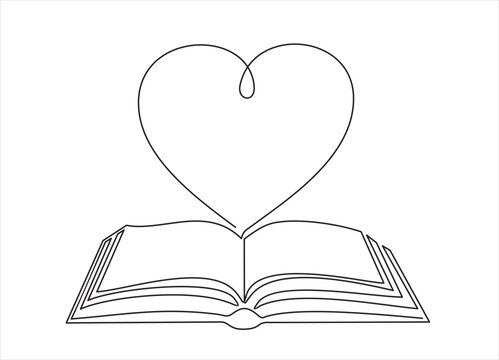 Open book and heart, continuous line vector illustration. one line vector drawing of a book and a heart, concept of love of reading. Black and white hand drawn 
