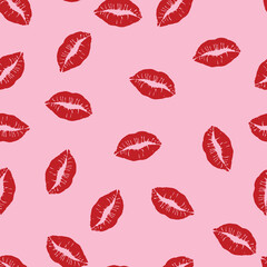Seamless pattern with red kissing lips on the rose background.