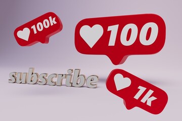 type 100, 1k, 100k likes under a post or video on social networks and subscribe to the channel. red buttons with 100, 1k and 100k likes and the inscription subscribe on a white background. 3d render. 