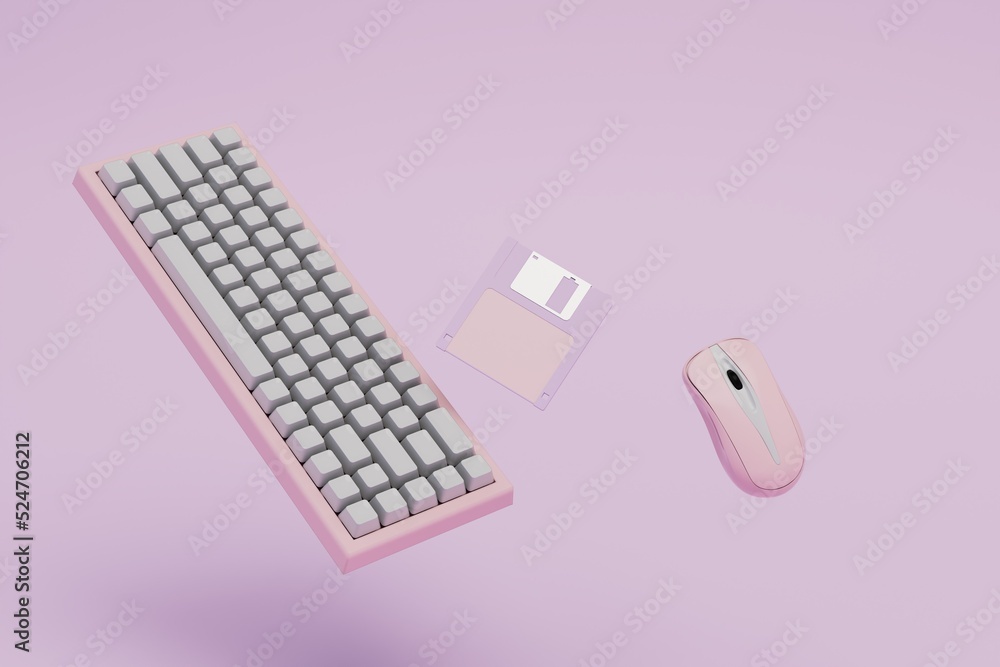 Poster necessary additional gadgets for the computer. keyboard, computer mouse, floppy disk on a purple bac