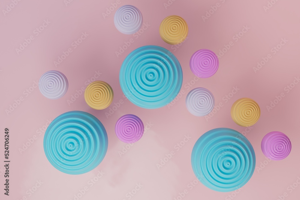 Poster abstract background. spiral circles of different sizes and different colors on a pink pastel backgro