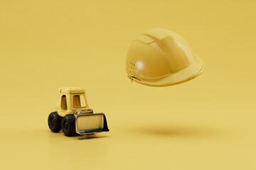 excavator work. when working on heavy equipment, be sure to wear a protective helmet. excavator and yellow helmet on a yellow background. 3d render. 3d illustration © Igor