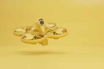 shooting photos and videos from a small fpv drone. fpv drone flying indoors as a hobby. yellow drone on a yellow background. copy paste, copy space. 3d render. 3d illustration