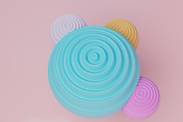 abstract background. spiral circles of different sizes and different colors on a pink pastel background. 3d render. 3d illustration