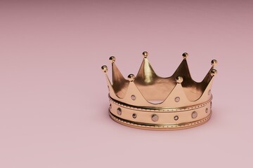 beautiful golden crown on a pink pastel background. copy paste, copy space. 3d render. 3d illustration