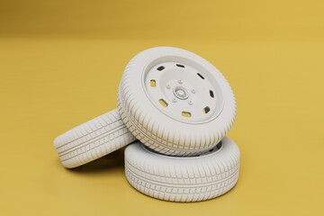 changing wheels at a tire shop. car tires with white rims on a yellow background. 3d render. 3d illustration