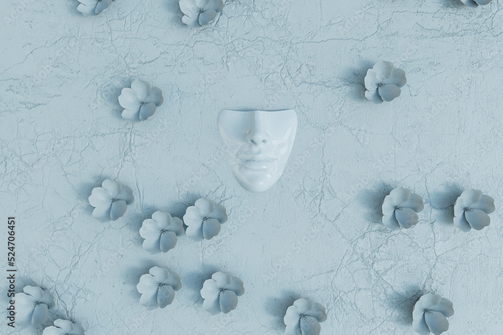 Poster abstract background. a mask for a human face around which there are patterns of flowers on a marble 
