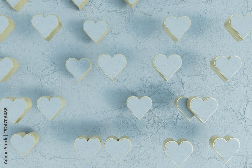 Poster abstract background. patterns of marble hearts with golden rims on a marble background. 3d render. 3