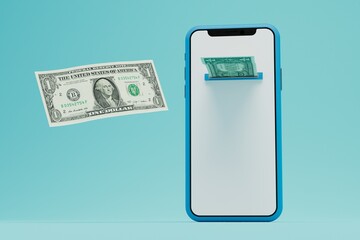 paying bills online. internet banking in smartphone. a smartphone into which dollars are inserted on a blue background. copy paste, copy space. 3d render. 3d illustration