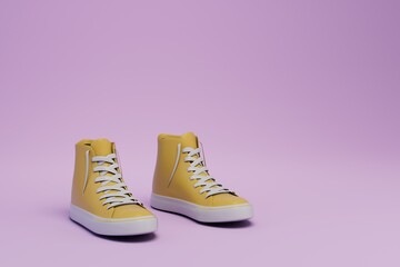 beautiful sports shoes for any outfit. yellow sneakers on a purple background. copy paste, copy space. 3d render. 3d illustration