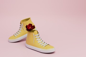 floral smell from shoes. yellow sneakers with a flower inside on a pink pastel background. copy paste, copy space. 3d render. 3d illustration