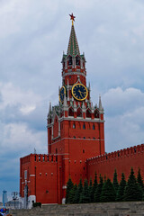 Fototapeta na wymiar Moscow, Russia - May 20 2018: Moscow kremlin tower Spasskaya - the main tower with clock and famous ruby star atop
