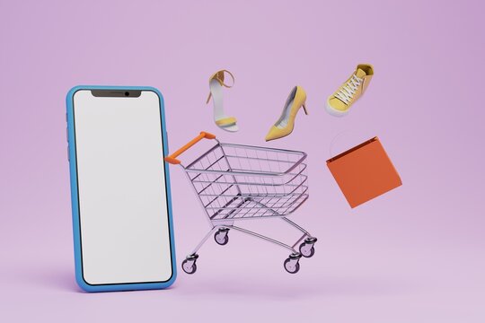 choosing and buying shoes online. orange box and trolley for goods with yellow pumps and yellow sneakers flying out from a smartphone on a purple background. 3d render. 3d illustration