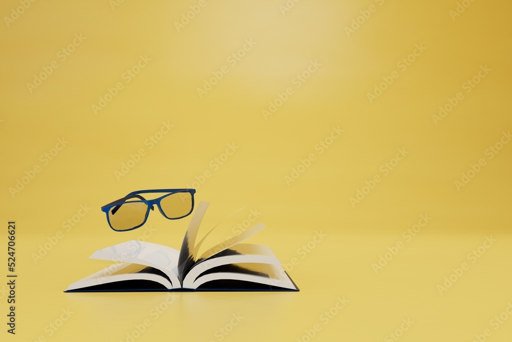 Poster the concept of learning at school and university. reading a book with glasses. open book and glasses