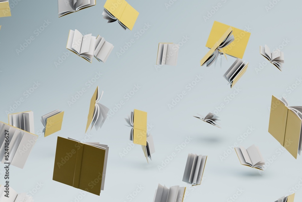 Poster abstract background. patterns of books in yellow covers scattered on a white background. 3d render. 