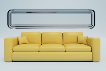 search bar on the internet. search and order furniture online. yellow sofa on top of which is a search box on a white background. copy paste, copy space. 3d render. 3d illustration