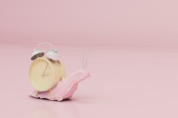 time goes by very slowly. a pink snail on which there is an old alarm clock on a pink pastel background. copy space, copy paste. 3d render. 3d illustration © Igor
