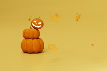 american halloween holiday. smiling illuminated pumpkin standing on large orange pumpkins around which yellow dry leaves fly on a yellow background. copy paste, copy space. 3d render. 3d illustration