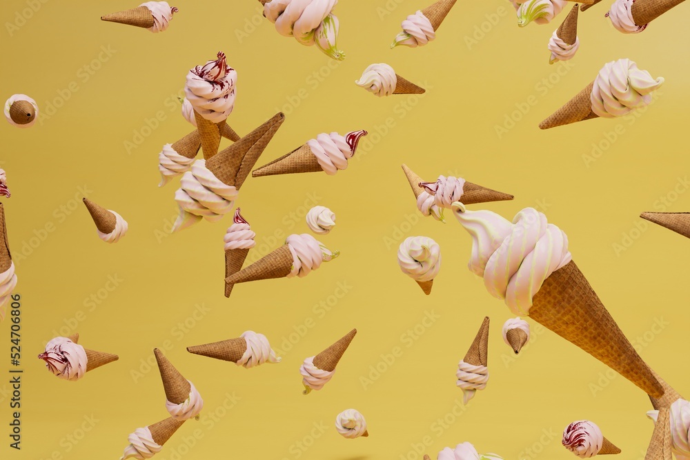 Poster abstract background. ice cream of different flavors. patterns of ice cream in waffle cones flying on