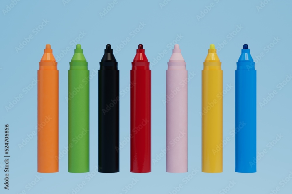 Wall mural set of multi-colored felt-tip pens for drawing. felt-tip pens of different colors on a blue background. 3d render. 3d illustration