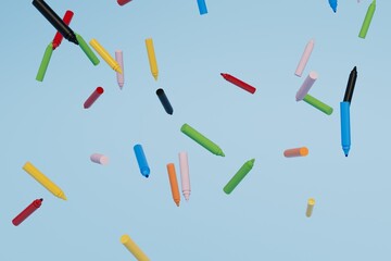 set of multi-colored felt-tip pens for drawing. scattered markers of different colors on a blue background. 3d render. 3d illustration