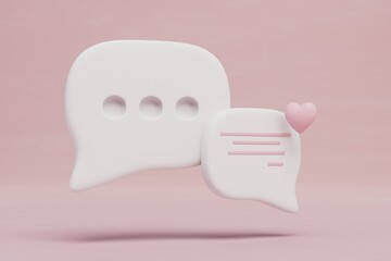 love correspondence in social networks through a smartphone or computer. clouds with correspondence and a heart on a pink background. 3d render. 3d illustration
